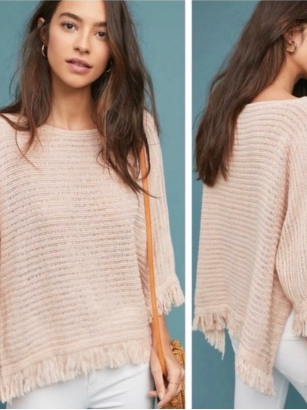 Anthropologie Akemi + Kin Frenchie Fringe Poncho Sweater Blush Pink L